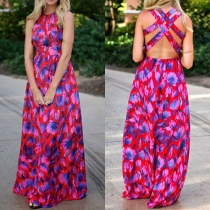 Sexy Backless Floral Print Maxi Dress