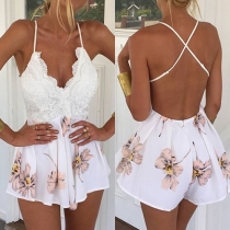 Sexy Backless Deep V-neck Lace Spliced Printed Sling Rompers