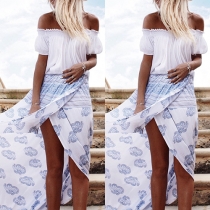 Bohemian Style High Waist Slit Hem Printed Maxi Skirt