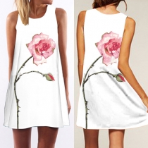 Fashion Sleeveless Round Neck Rose Printed Dress