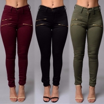 Fashion Solid Color High Waist Slim Fit Zipper Pencil Pants