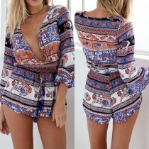 Sexy Deep V-neck Long Sleeve Gathered Waist Printed Rompers