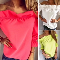 Sexy Flouncing Slash Neck Half Sleeve Solid Color Tops 