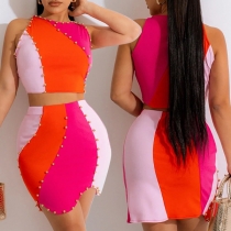 Sexy Contrast Color Hollow Out Crop Tops + High Waist Bust Skirt Two-piece Set
