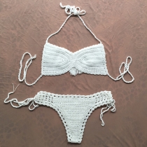 Sexy Hollow Out Knit Tassel Halter Bikini Set