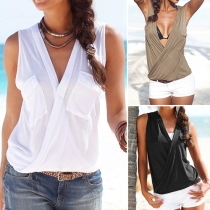 Sexy Deep V-neck Sleeveless Solid Color Tops