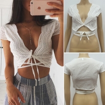 Sexy Deep V-neck Short Sleeve Lace-up Crop Tops 