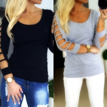 Fashion Solid Color Hollow Out Long Sleeve Round Neck T-shirt