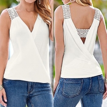 Sexy Backless V-neck Lace Spliced Solid Color Tops 