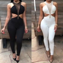 Sexy Gauze Spliced Hollow Out High Waist Slim Fit Jumpsuits