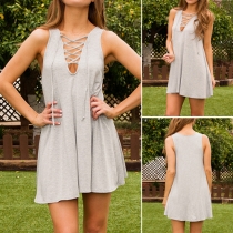 Sexy Lace-up Deep V-neck Sleeveless Solid Color Dress