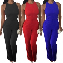 Sexy Hollow Out Sleeveless Round Neck Solid Color Slim Fit Jumpsuits