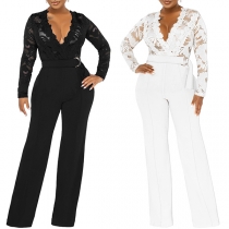Sexy Deep V-neck Lace Spliced High Waist Slim Fit Jumpsuits