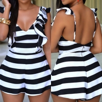 Sexy Backless Deep V-neck Flouncing Striped Rompers