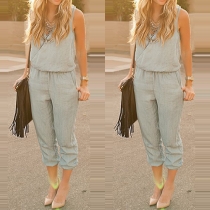 Fashion Sleeveless V-neck Gathered Waist Denim Jumpsuits