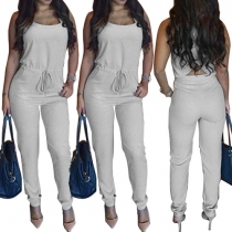 Fashion Solid Color Sleeveless Round Neck Gathered Waist Slim Fit Jumpsuits