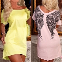 Fashion Short Sleeve Irregular Hem Wings Printed Dress