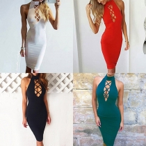 Sexy Hollow Out Lace-up Solid Color Bodycon Dress