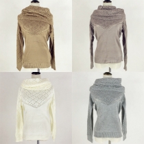 Fashion Solid Color Hollow Out Knit Sweater with Infinity Scarf