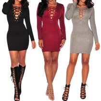 Sexy Lace-up Deep V-neck Long Sleeve Bodycon Dress