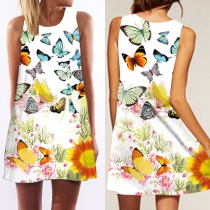 Fashion Butterfly Printed Sleeveless Round Neck Loose Dress