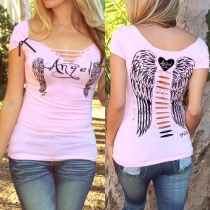 Sexy Hollow Out Short Sleeve V-neck Angel Wings Printed T-shirt