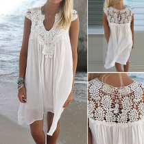 Sexy Hollow Out Lace Spliced V-neck Chiffon Dress