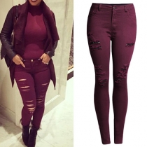 Distressed Style Solid Color High Waist Ripped Pencil Pants