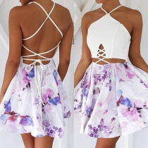 Sexy Backless Hollow Out High Waist Printed Sling Dress