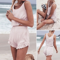 Fashion Solid Color Sleeveless Crop Tops + Flouncing Shorts Two-piece Set