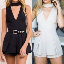Sexy Deep V-neck Sleeveless Solid Color Rompers