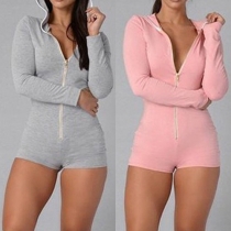 Fashion Solid Color Long Sleeve Hooded Slim Fit Rompers