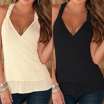Sexy Lace Spliced Backless Deep V-neck Solid Color Tops