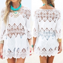 Sexy Hollow Out Lace Spliced 3/4 Sleeve Round Neck Bikini Smock