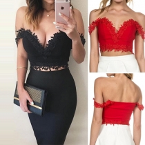 Sexy Off-shoulder V-neck Lace Spliced Crop Tops