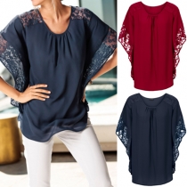Fashion Lace Spliced Solid Color Loose Tops 