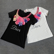 Fashion Rose Printed Short Sleeve Round Neck T-shirt