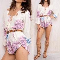 Bohemian Style Long Sleeve V-neck Gathered Waist Printed Rompers