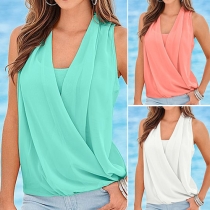 Fashion Solid Color Sleeveless V-neck Chiffon Spliced Tops