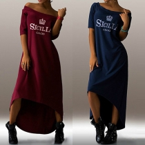 Sexy Slash Neck Short Sleeve High-low Hem Letters Printed Maxi Dress