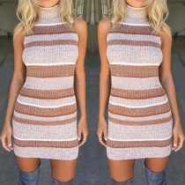 Fashion Sleeveless Turtleneck Slim Fit Striped Sweater Dress