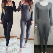 Fashion Solid Color Long Sleeve Round Neck Slim Fit Jumpsuits