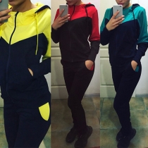 Fashion Contrast Color Long Sleeve Hooded Casual Sports Suit