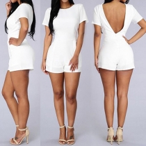 Sexy Backless Short Sleeve Round Neck Solid Color Rompers