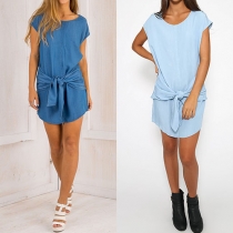 Fashion Solid Color Short Sleeve Round Neck Lace-up Knotted Dress