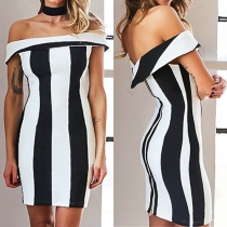 Sexy Off-shoulder Slash Neck Slim Fit Striped Dress