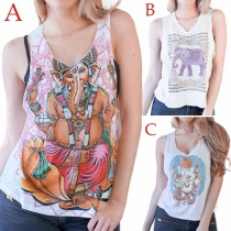 Fashion Printed Sleeveless Round Neck Tops