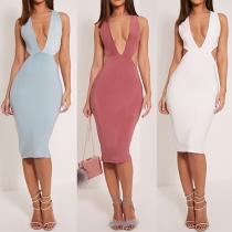 Sexy Backless Deep V-neck Solid Color Slim Fit Party Dress