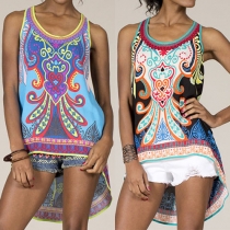 Fashion Printed Round Neck High-low Hem Tank Tops