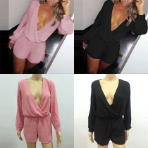 Sexy Deep V-neck Long Sleeve Solid Color Rompers
